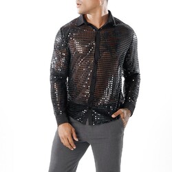 Herren Pailletten Party Tanzshirts 70s Disco Nachtclub Retro Oberteile