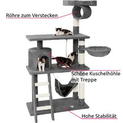 Kratzbaum Katzenkratzbaum Kletterbaum für Katzen Katzenbaum Sisal 141cm✔ 141cm hoch ✔ mit Hängematte Liegemulde Häuschen uvm.!