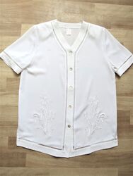 Damen Shirt Gr. M Kurzarm Bluse mit Stickerei weiß Stoff edel Perlmutt Knöpfe 