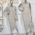 Damen Twinset -Pulloverkleid Zweiteiler Strickset mit Zierknöpfen . Beige