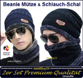 Beanie Mütze + Loop Schal Strickmütze Fellmütze Damen Herren 2 tlg. Winter warm