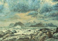 GERRY MILLER-"Seascape with Mountains" Acrylic Painting on Board. 41x29cm.