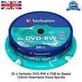 25 x Verbatim DVD-RW 4,7 GB 4x Geschwindigkeit 120min wiederbeschreibbare Discs Spindelpack 25 Neu