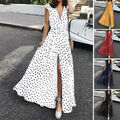 Frauen Boho Polka Kleider Rock V Chic Split Neck Dot Maxi Sommerkleid Strand Φ