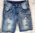 Damen stylische Jeans Shorts große bunte Schmucksteine unterlegte Risse Gr.S