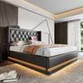 Polsterbett 180 x 200 cm Kunstlederbett mit Stauraum Bettkasten und LED-Licht