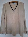 Esprit Baumwolle beige Damen V-Ausschnitt mit schwarzer Zierleiste Pullover Gr. M