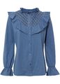 Shirt mit Spitze und Volant Gr. 36/38 Jeansblau Damen Langarm Bluse Tunika Neu