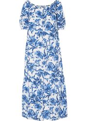 Carmen-Kleid Gr. 44 Weiß Blau Floral Damen Sommerlicher Midikleid Neu