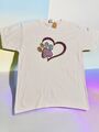 T-Shirt gr.M Weiß Unisex Pfote Herz Glitzer Stickerei Applikation Rainbow