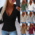 Sexy Damen Langarm T-Shirt V-Neck Pullover Knopf Bluse Slim Top Oberteile Tunika