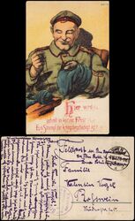 Ansichtskarte  Feldpostkarte 1. Weltkrieg (Soldat beim Strumpf nähen) 1917