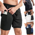 Herren 2 in 1 Laufshorts Running Fitness Kurzhose Sweat Shorts mit Handytasche