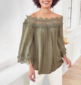 Linea Tesini by Heine Spitzen-Bluse khaki 3/4 Arm Spitzenbordüre 169849