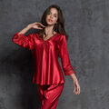 Damen Satin Kunstseide Nachtwäsche Lang Hausanzug Spitze Pyjama-Set