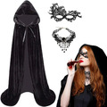 Halloween Umhang Damen Mit Maske & Halskette,3Er Samt Schwarzer Umhang140/150Cm