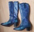 Socofy Stiefel Gr 39 Blau Türkis Shabby chic Rosen Muster Gold Schimmer Usedlook