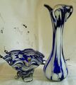 2er Set Thüringer Glas, Vase & Schale, Überfang weiß-blau-klar, Echt Handarbeit