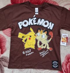 Pokemon T-Shirt Kurzarmshirt Pikachu Oberteil Mauzi Baumwolle Braun Gr.140 NEU