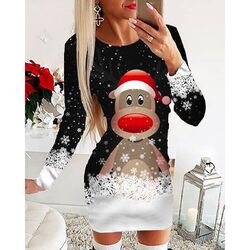 Weihnachten Damen Weihnachtskleid Drucken Langarm Minikleid Bodycon Partykleid