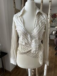 more&more Bluse Gr. 34 XS Oberteil Weiß beige gestreift Wickelbluse