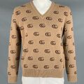 GUCCI Größe XL Hellbraun Gg Monogramm Kaschmir Wolle V-Ausschnitt Pullover