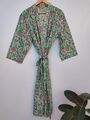 Indisch Grün Blumenmuster Nachtwäsche 100% Baumwoll Bademantel Lang Kimono Nacht