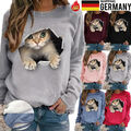 Damen Katze Print Rundhals Plüsch Sweatshirt Winter Warm Pullover Langarm Top DE