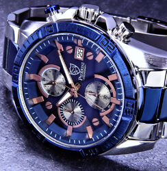 Pierrini Herren Armband Uhr Blau Rose Gold Silber Farben Chronograph Stoppuhr B