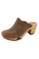 woody Damen Clogs Pantoletten Nina braun Leder biegsame Holzsohle Trichterabsatz