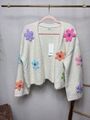 Kurze Onesize Damen Strickjacke Offen Blumen Glitzer Bunt Creme Weiß Cardigan 