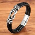 Armband Herren Knoten Schwarz Echtes Leder Edelstahl Magnetverschluss Silber