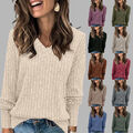 Damen V-Neck Strickpullover Strickshirt Sweater Langarm Pullover Freizeit Pulli