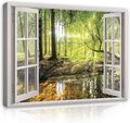 Leinwandbild Bilder Fensterblick Wald Grün Wandbild Bild Wohnzimmer Groß Modern