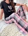 Pyjama Schlafanzug Damen Nachtwäsche Set Kurzarm Oberteil lange Hose S - XL