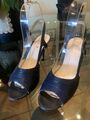 SLINGBACKS LEDER SANDALETTEN SANDALEN SCHUHE *36* D-BLAU *8cm ABSATZ* 