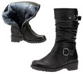 Damen Stiefel Stiefeletten Boots Leder-Optik Gefütterte Winterstiefel Schwarz