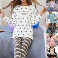 Damen Langarm Schlafanzug Lange Hosen Pyjama Nachtwäsche Oberteil Loungewear Set