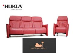 Hukla Design Sofa Dreisitzer + Sessel Leder Garnitur Set Rot Wohnen Couch Möbel