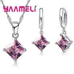 Halskette mit Anhänger und Ohrringe 925 Silber Schmuck-Set Zirkonia Pink