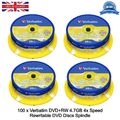 100 x Verbatim DVD+RW 4x Speed 4.7GB Capacity Spindle Blank Rewritable Discs 25