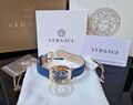 Versace Medusa Frame VEVF00320 Damen Armbanduhr Neu Blau/Gold UVP: 1000€