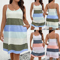 Damen Übergröße Printed RückenfreiTrägerkleid Sommerkleid Minikleid mit Taschen