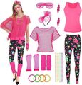 80er Jahre Outfit Damen Netzshirt Weste Leggings 80er Jahre Accessoires Set 