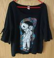 Damen Langarmshirt Sweatshirt Mädchen mit Katze Gr 44 46 Druck 3/4 Ärmel schwarz