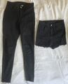 2 tlg. Set Damen Mädchen Jeans Hose + kurze Jeans Shorts Schwarz Stretch 36 / S