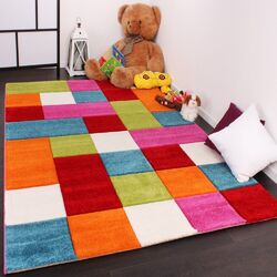 Kinder Teppich Karo Design Multicolour Grün Rot Grau Schwarz Creme Pink