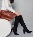 Damen Stiefel Schuhe mit Reißverschluss Velourslederimitat Samt Schwarz Gr 37