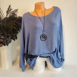 Bluse Langarmbluse Oversize Shirt Blau Italy Tunika mit Kette Größe 42 44 46 48