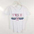 True Religion T-Shirt Damen XS Weiß Pailletten Bestickt Glitzer Logo Relaxed Fit